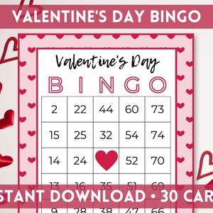 30 Valentinstag Bingo Karten Printable | Rosa, Rot Valentinstag Bingo Spiel | HerzBingo | A4, US Letter