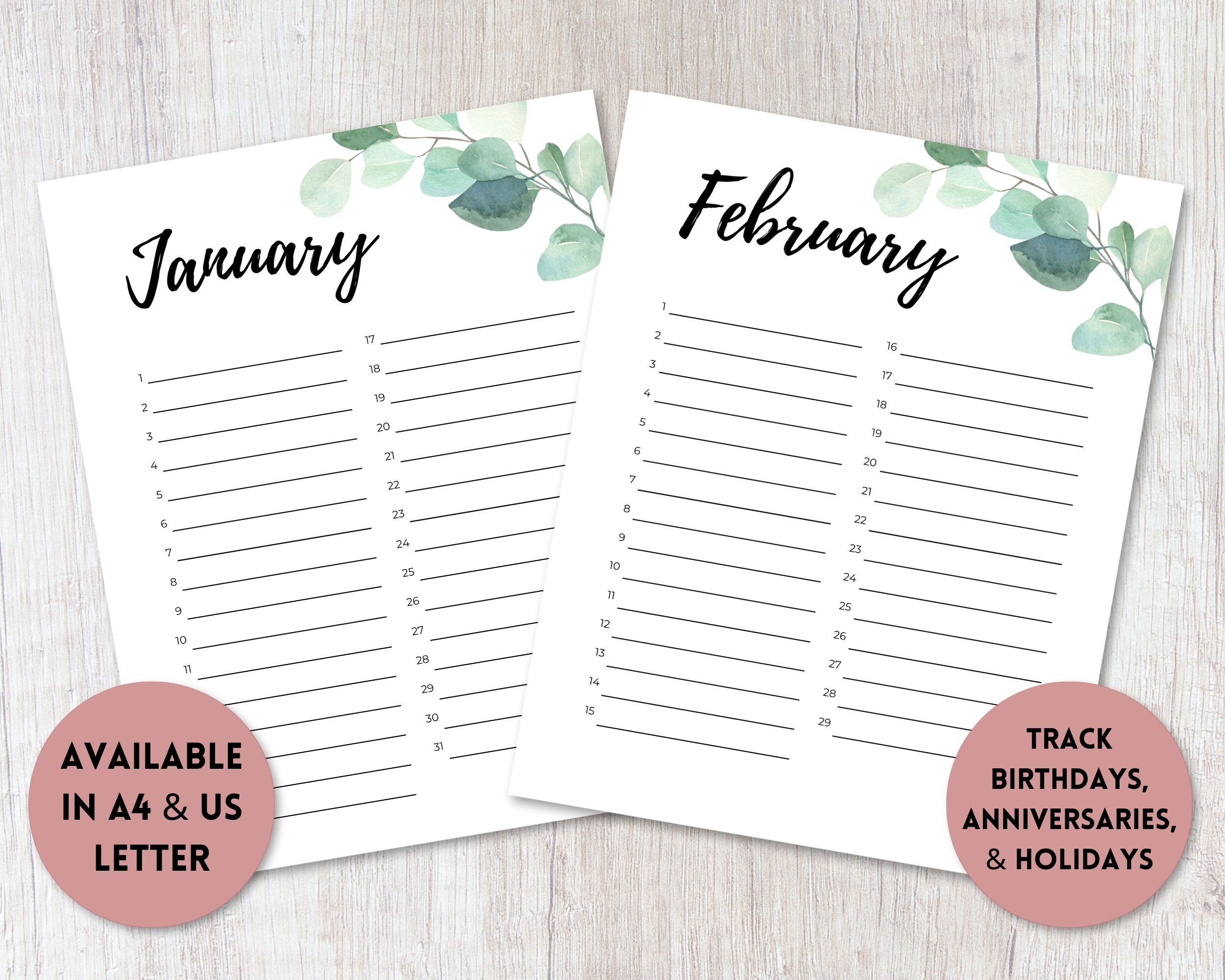 Perpetual Calendar Printable Birthday Calendar Template Anniversary ...