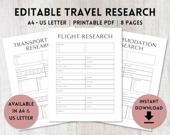 Editable Travel Research Printable | Car Rental Template | Flight Planner | Hotel Planner | Travel Itinerary Template | A4, US Letter