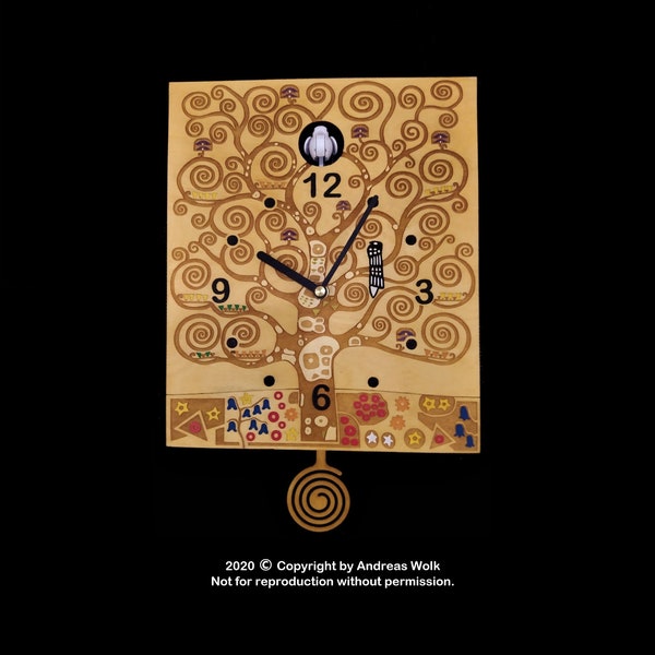 Kuckucksuhr modern mit Pendel Gustav Klimt Motiv Kunstwerk Wanduhr Schwarzwald Lebensbaum Holz Tiefengravur Unikat Uhr handbemalt