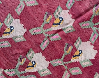 Vintage Rose Motif Karabagh Kilim Rug, Caucasus 4x8