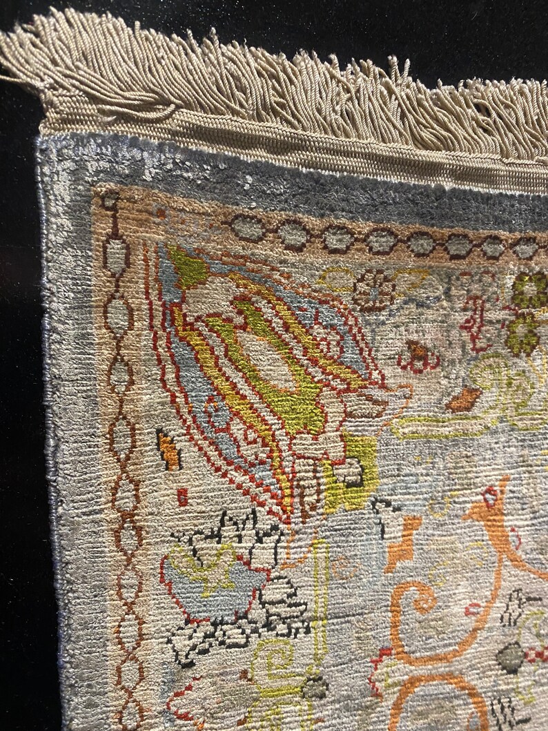 Vintage Hereke Silk Rug, Framed Tulip Motif, Turkish Wall Hanging image 4