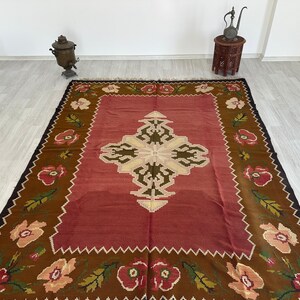 Old Balkan Kilim, Balkan Kilim, Large Kilim Rug, Pastel Kilim, Floral Design Rug, Floral Motif,Flower Motif, Medallion Kilim, 7x9 Rug image 2