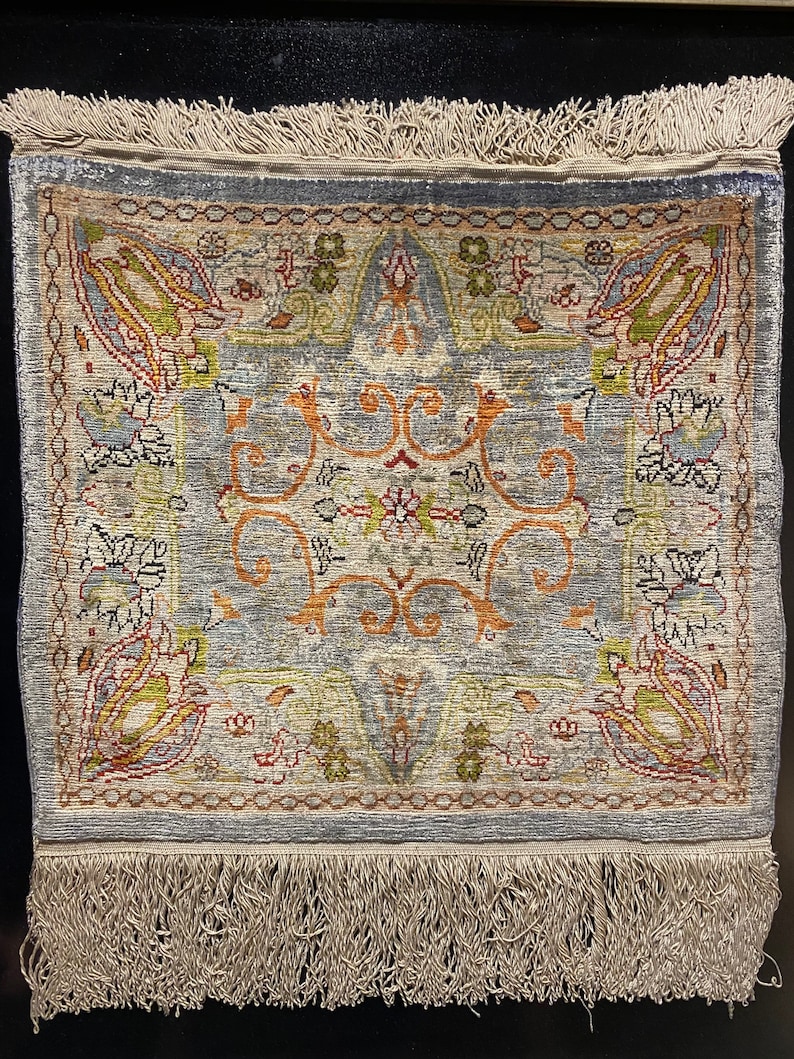 Vintage Hereke Silk Rug, Framed Tulip Motif, Turkish Wall Hanging image 1