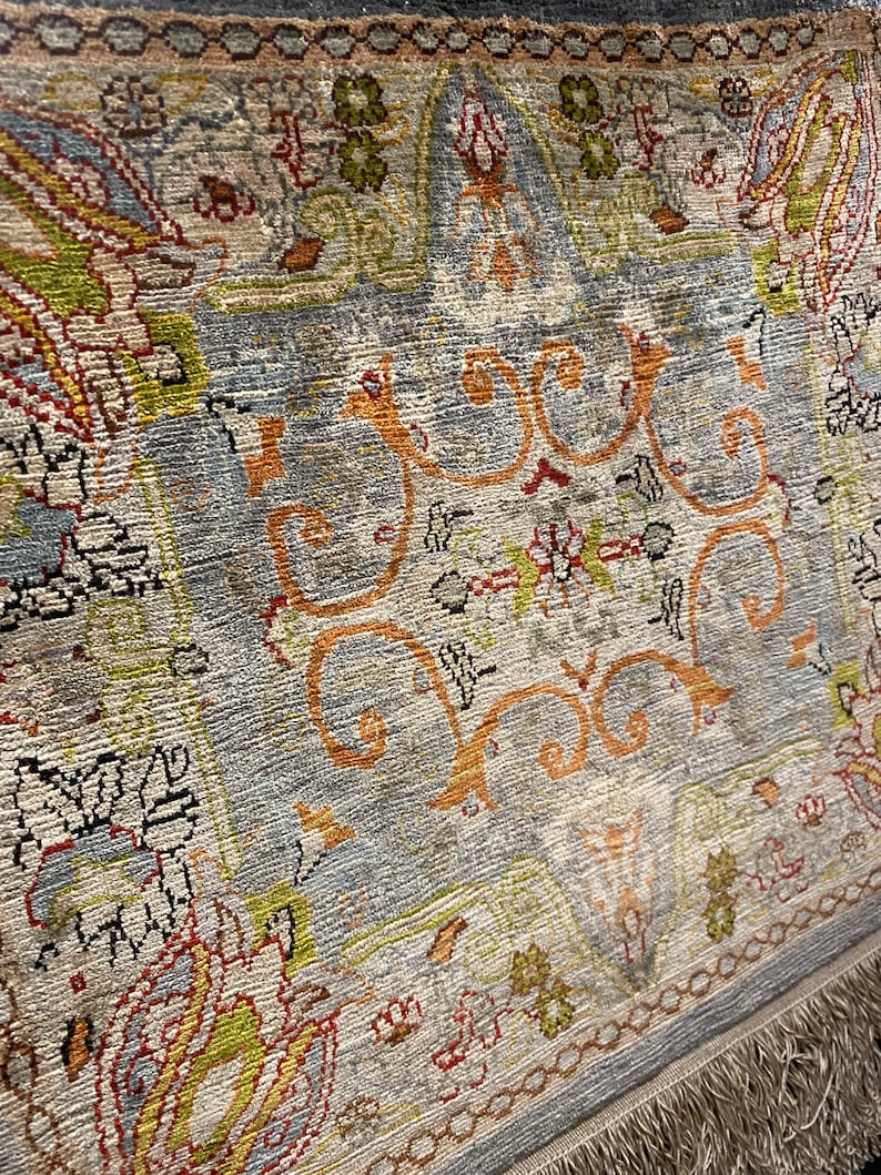 Vintage Hereke Silk Rug, Framed Tulip Motif, Turkish Wall Hanging image 2