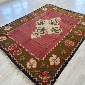 Old Balkan Kilim, Balkan Kilim, Large Kilim Rug, Pastel Kilim, Floral Design Rug, Floral Motif,Flower Motif, Medallion Kilim, 7x9 Rug image 4