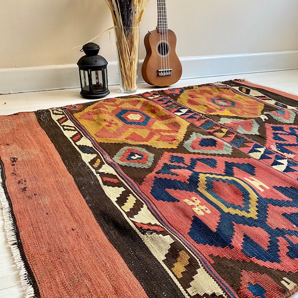 Antique Kilim Rug, Caucasian Mafrash, Mafrash End Panel, Mafrash Piece, Shirvan Kilim, Worn Kilim Rug