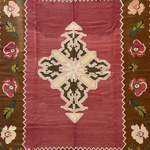 Old Balkan Kilim, Balkan Kilim, Large Kilim Rug, Pastel Kilim, Floral Design Rug, Floral Motif,Flower Motif, Medallion Kilim, 7x9 Rug image 1