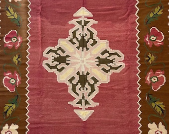 Old Balkan Kilim, Balkan Kilim, Large Kilim Rug, Pastel Kilim, Floral Design Rug, Floral Motif,Flower Motif, Medallion Kilim, 7x9 Rug