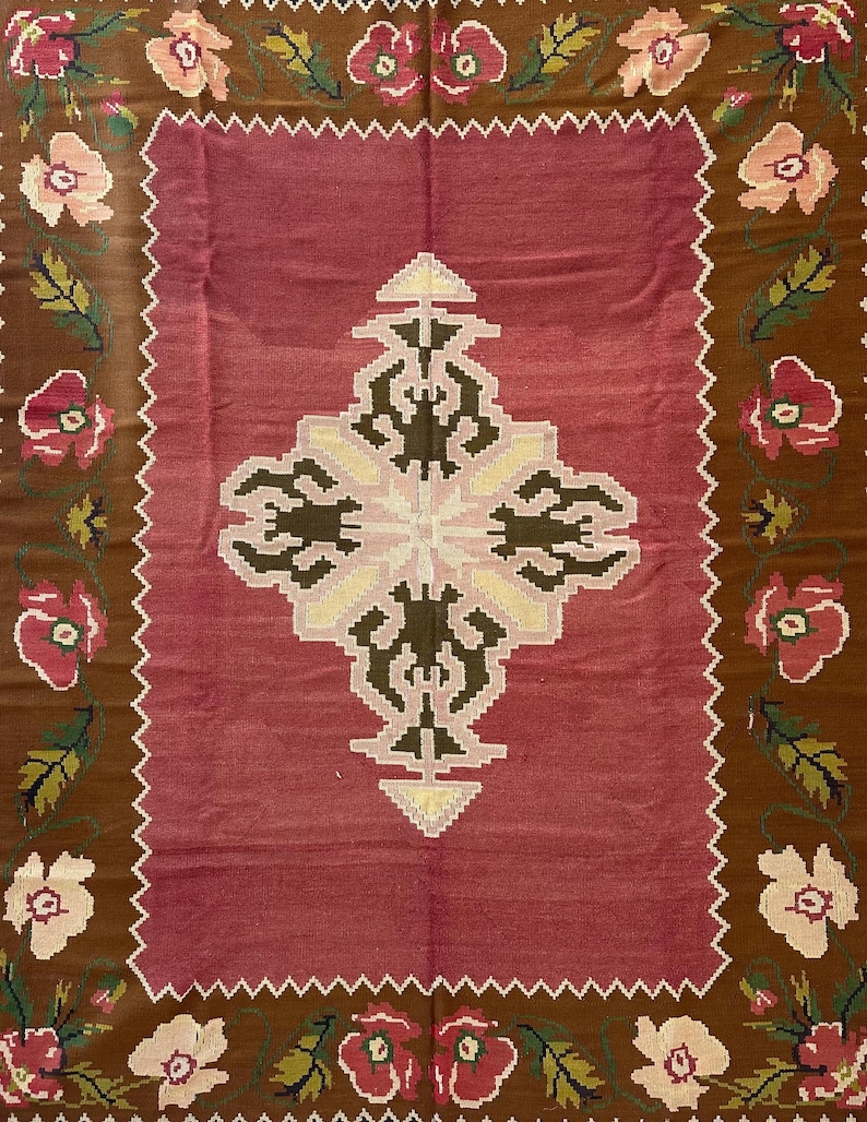 Old Balkan Kilim, Balkan Kilim, Large Kilim Rug, Pastel Kilim, Floral Design Rug, Floral Motif,Flower Motif, Medallion Kilim, 7x9 Rug image 1