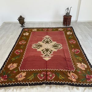 Old Balkan Kilim, Balkan Kilim, Large Kilim Rug, Pastel Kilim, Floral Design Rug, Floral Motif,Flower Motif, Medallion Kilim, 7x9 Rug image 3
