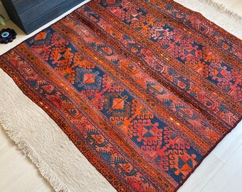 Antique Caucasian Soumak Rug, Vegetable Dye Kilim (3.75x4 ft)