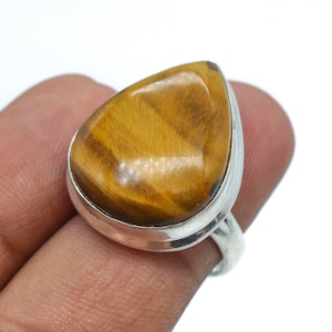 Handcrafted 925 Sterling Silver Tiger Eye Ring – Pear Gemstone, Adjustable Size, Boho Chic Design, Unisex Jewelry Gift for Him & Her