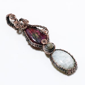 Copper Labradorite and Moonstone Pendant Necklace Handmade Wire-Wrapped Gemstone Jewelry Boho Crystal Pendant Gift for Her Healing Necklace
