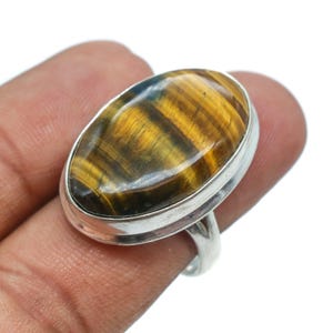 Anel de olho de tigre em prata esterlina 925 feito à mão – pedra preciosa oval, tamanho ajustável, design boho chique, joia unissex, presente para ele e para ela