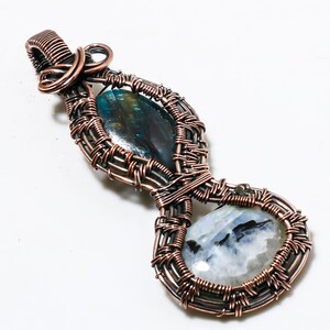 Copper Labradorite and Moonstone Pendant Necklace Handmade Wire-Wrapped Gemstone Jewelry Boho Crystal Pendant Gift for Her Healing Necklace