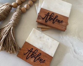 Personalized Elegant Wedding Gift Marble/Acacia Wood Coaster Personalised Coaster Housewarming Anniversary Gift