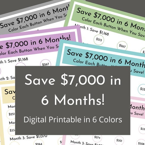 Save 7,000 in 6 Months Digital Money Savings Challenge Printable Tracker 