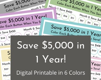 Save 5,000 in 12 Months! | Digital Money Savings Challenge Printable Tracker