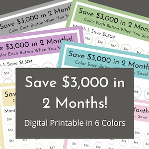 Puede incluir: Un gráfico imprimible con seis fondos de colores diferentes, cada uno con el texto "¡Ahorra 3.000 € en 2 meses!" e instrucciones para colorear cada botón cuando ahorras. El gráfico está diseñado para ayudar a las personas a ahorrar dinero.
