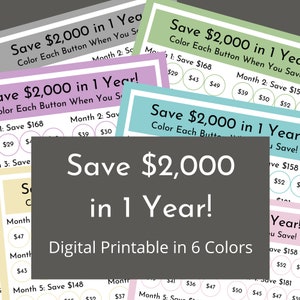 May include: A printable chart with six different coloured backgrounds, each with the text "Save £2,000 in 1 Year!" and a grid of circles with pound sterling amounts. The chart is designed to help people save money over the course of a year.