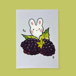 Blackberry Bunny Art Print | Hand Drawn, Cute Illustration, Cute Bunny Art, Berry Art