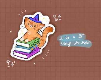 Cat and Books Sticker / Reading Sticker / Cute Animals Sticker / Witchy Cat Sticker / Cat Sticker