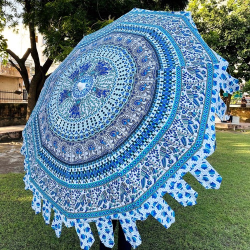 Shops Indian Bird Print Cotton Umbrella, Handcrafted Big Garden Umbrella, Sun Shade Beach/ Outdoor Umbrella, Handmade Patio decor Umbrella Parasol