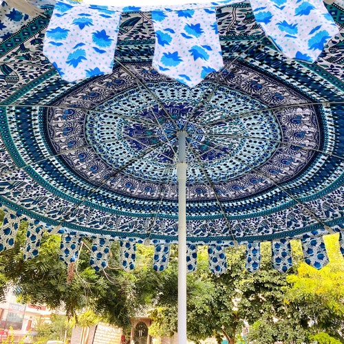 Shops Indian Bird Print Cotton Umbrella, Handcrafted Big Garden Umbrella, Sun Shade Beach/ Outdoor Umbrella, Handmade Patio decor Umbrella Parasol