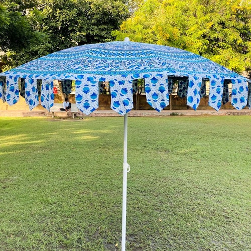Shops Indian Bird Print Cotton Umbrella, Handcrafted Big Garden Umbrella, Sun Shade Beach/ Outdoor Umbrella, Handmade Patio decor Umbrella Parasol