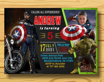 キャプテン・アメリカの誕生日招待状：スーパーヒーロー・アベンジャーズのテーマ（印刷可能なデジタルファイル）