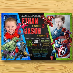 Sibling Birthday Invitation,Double Birthday Invitation,Dual Combined Twins Birthday Invitation,Twins superhero Birthday Party with photo.