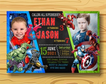 Sibling Birthday Invitation,Double Birthday Invitation,Dual Combined Twins Birthday Invitation,Twins superhero Birthday Party with photo.