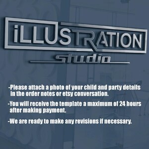 May include: A silver-colored "ILLUSTRATION studio" logo is displayed against a blue background. Below the logo, text provides instructions for attaching photos and details, template delivery, and revisions.