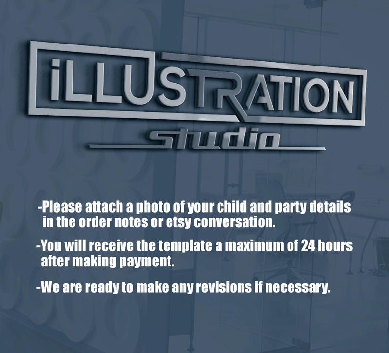 May include: A silver-colored "ILLUSTRATION studio" logo is displayed against a blue background. Below the logo, text provides instructions for attaching photos and details, template delivery, and revisions.