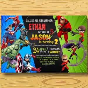 Sibling Birthday Invitation,Double Birthday Invitation,Dual Combined Twins Birthday Invitation,Superhero,Avengers,The Incredibles