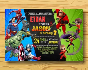 Sibling Birthday Invitation,Double Birthday Invitation,Dual Combined Twins Birthday Invitation,Superhero,Avengers,The Incredibles