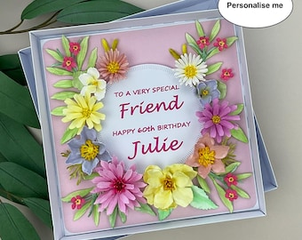 Personalised, Handmade 3D Floral Birthday Card, Custom, Boxed, Friend, Auntie, Sister, Mum, 50th, 60th, 70th, 80th, 90th, 100th