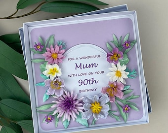Handmade 3D Floral Mum 90th Birthday Card, Boxed