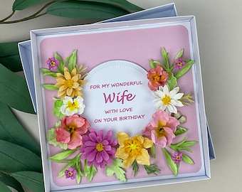 Handmade 3D Floral Wife Birthday Card, Boxed