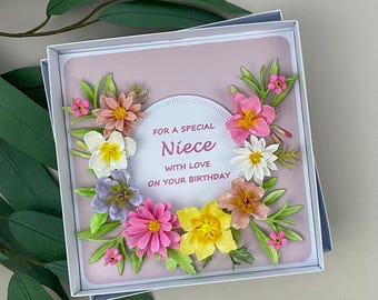 Handmade 3D Floral Niece Birthday Card, Boxed