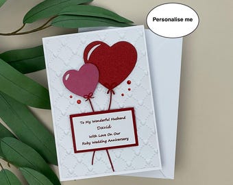 Handmade, Personalised Ruby 40th Anniversary Card for Husband, Heart Balloons