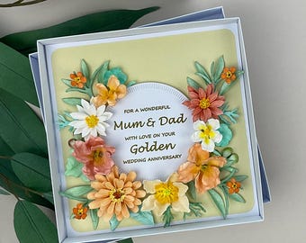 Luxury 3D Floral Mum & Dad Golden 50th Anniversary Card, Boxed