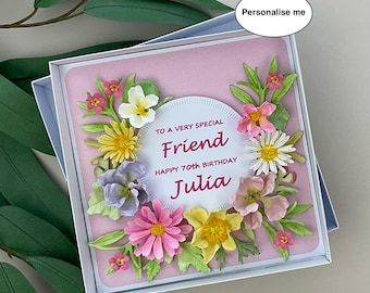 Personalised, Handmade 3D Floral Birthday Card, Custom, Boxed, Friend, Auntie, Sister, Mum, 50th, 60th, 70th, 80th, 90th, 100th