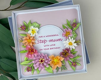 Handmade 3D Floral Birthday Card for Step-mum, Boxed