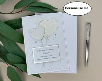 Handmade, Personalised Diamond 60th Anniversary Card for Husband, Heart Balloons