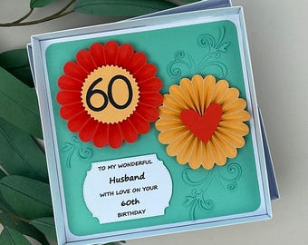 Handmade 3D Rosette Husband 60th Birthday Card, Boxed