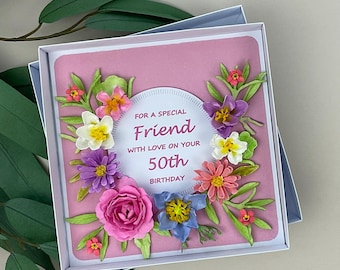 Handmade 3D Floral Friend 50th Birthday Card, Boxed