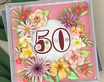 Handmade 3d Floral 50th Birthday Card, Luxury, Flowers, Aunt, Sister, Friend