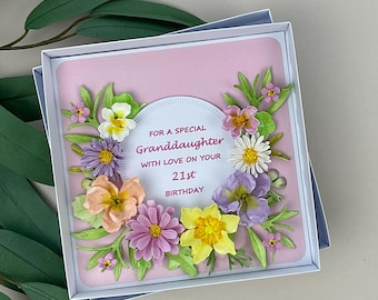 Handmade 3D Floral Granddaughter 21st Birthday Card, Boxed